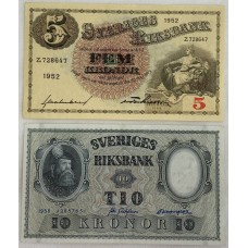 SWEDEN 1952-1958 . FIVE 5 and TEN 10 KRONER BANKNOTES